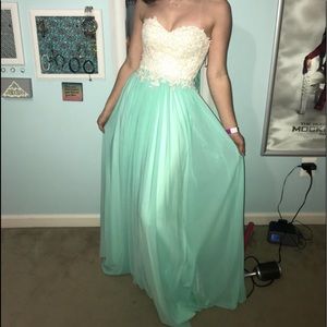 teal and white embroidered prom dress